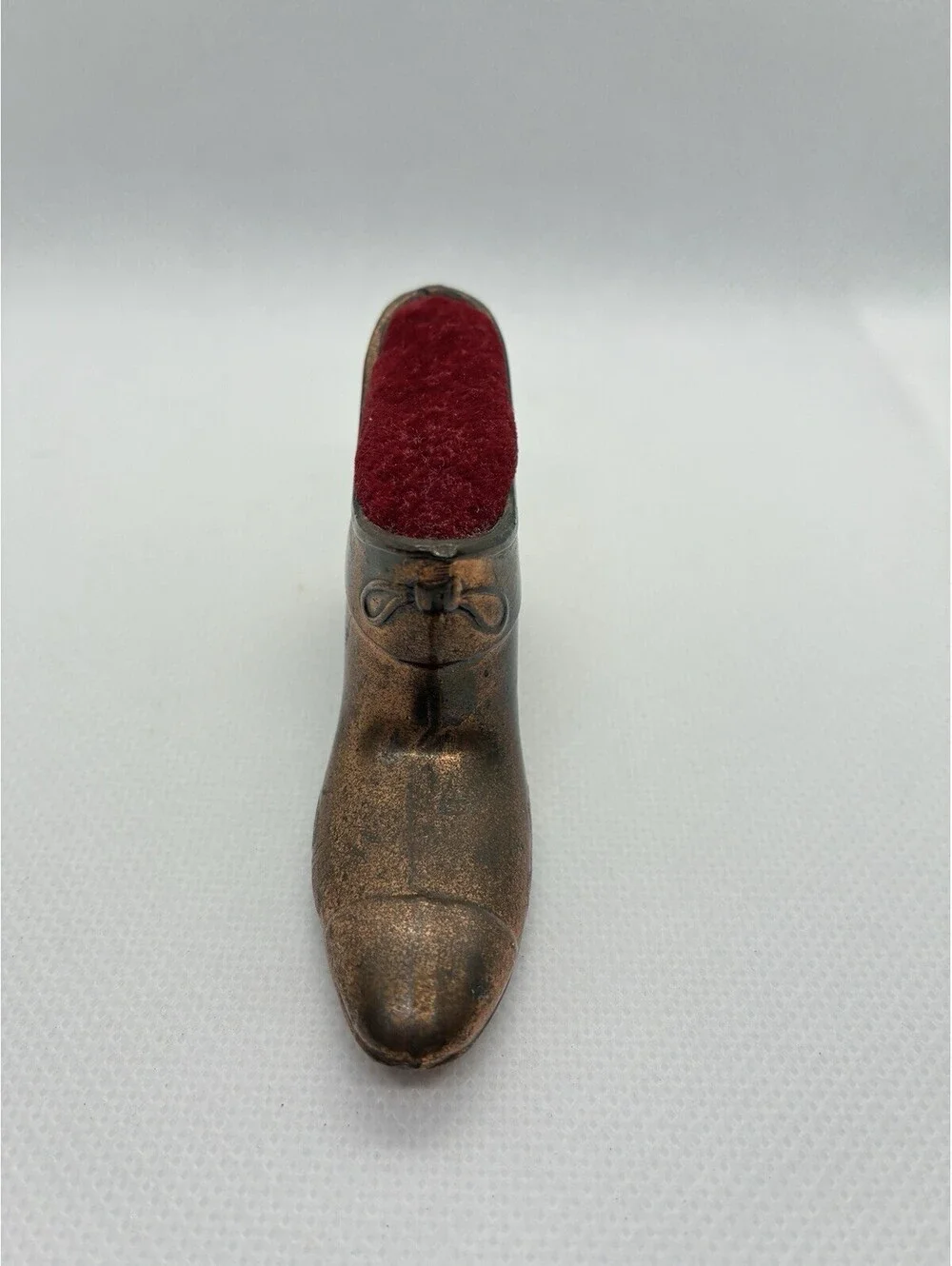 Antique Victorian Cast Metal High Heel Shoe Pin Cushion Red Velvet Bronze Finish